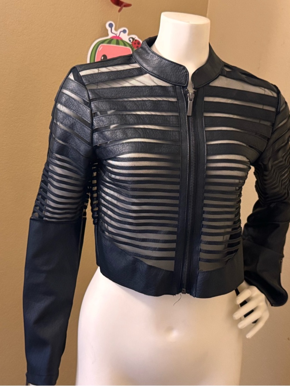 Yoki Black Striped Sheer Cropped Leather Jacket